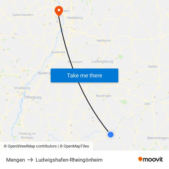 Mengen to Ludwigshafen-Rheingönheim map