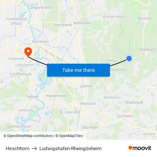 Hirschhorn to Ludwigshafen-Rheingönheim map