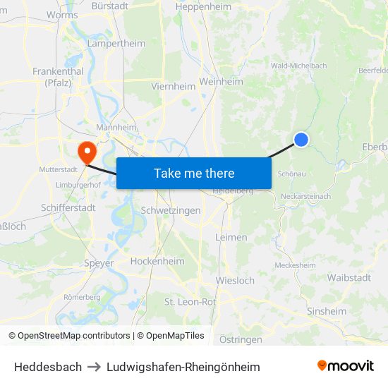 Heddesbach to Ludwigshafen-Rheingönheim map