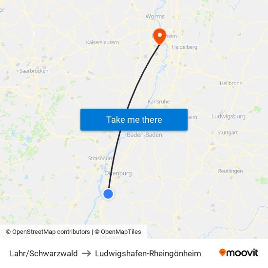 Lahr/Schwarzwald to Ludwigshafen-Rheingönheim map