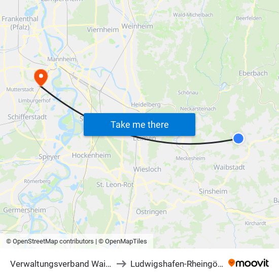 Verwaltungsverband Waibstadt to Ludwigshafen-Rheingönheim map