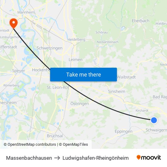 Massenbachhausen to Ludwigshafen-Rheingönheim map