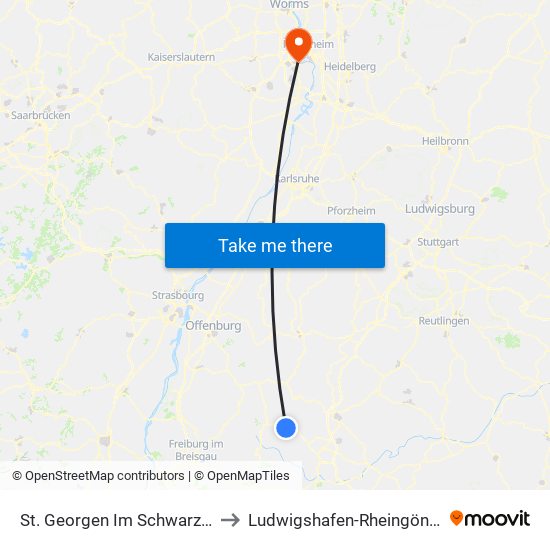 St. Georgen Im Schwarzwald to Ludwigshafen-Rheingönheim map