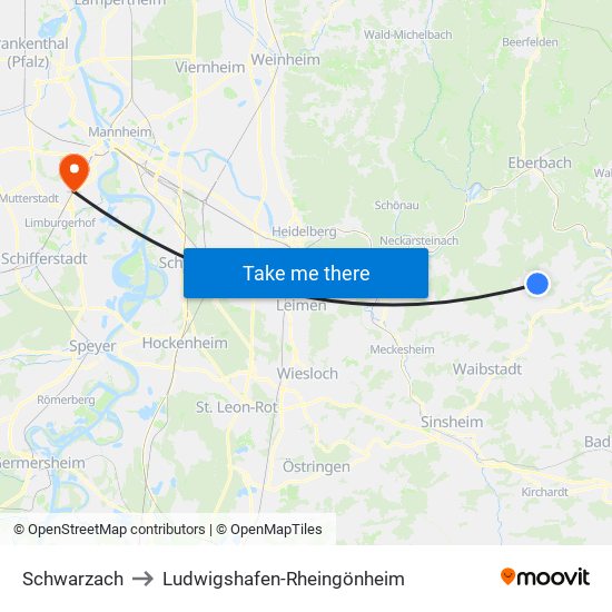 Schwarzach to Ludwigshafen-Rheingönheim map