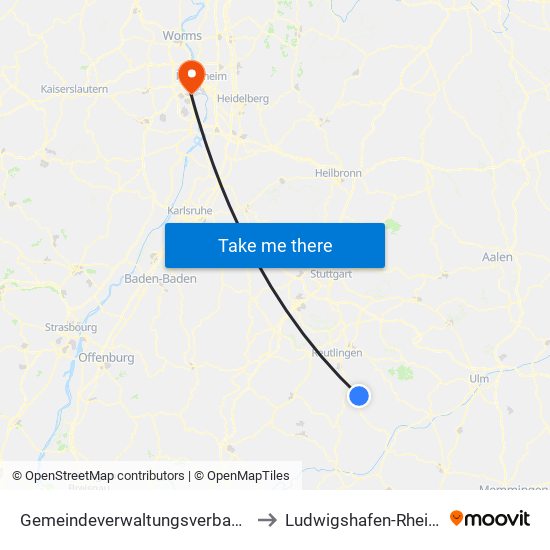 Gemeindeverwaltungsverband Engstingen to Ludwigshafen-Rheingönheim map