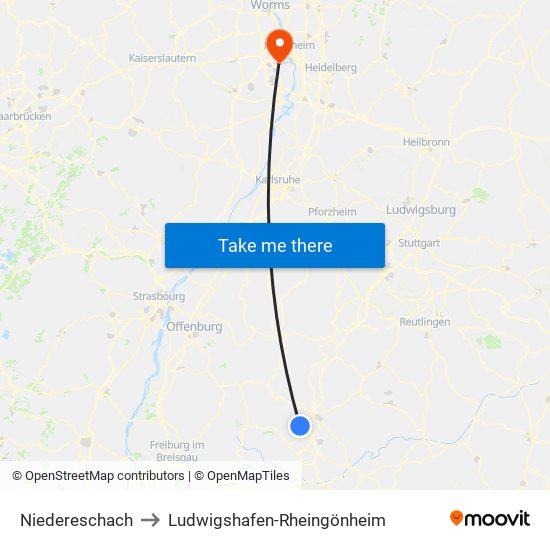 Niedereschach to Ludwigshafen-Rheingönheim map