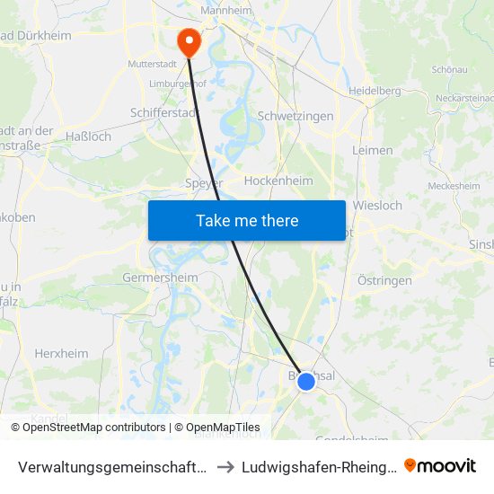 Verwaltungsgemeinschaft Bruchsal to Ludwigshafen-Rheingönheim map