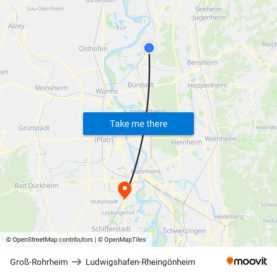 Groß-Rohrheim to Ludwigshafen-Rheingönheim map