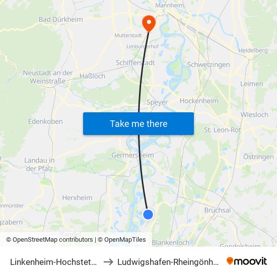 Linkenheim-Hochstetten to Ludwigshafen-Rheingönheim map