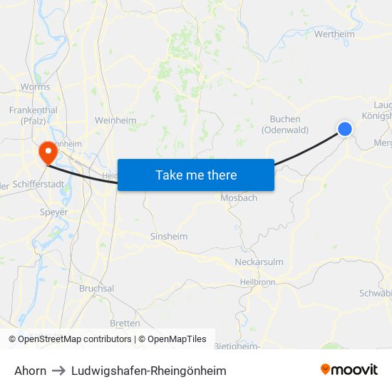 Ahorn to Ludwigshafen-Rheingönheim map