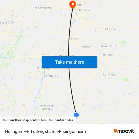 Hüfingen to Ludwigshafen-Rheingönheim map