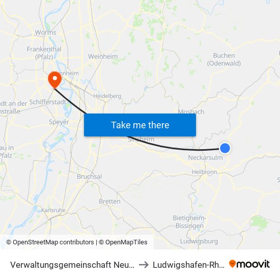 Verwaltungsgemeinschaft Neuenstadt am Kocher to Ludwigshafen-Rheingönheim map