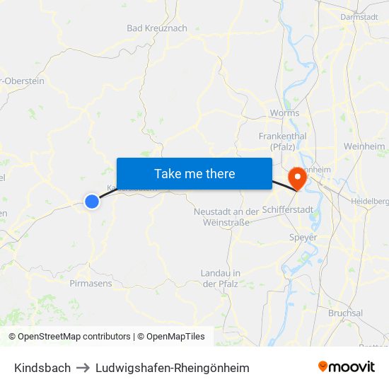 Kindsbach to Ludwigshafen-Rheingönheim map