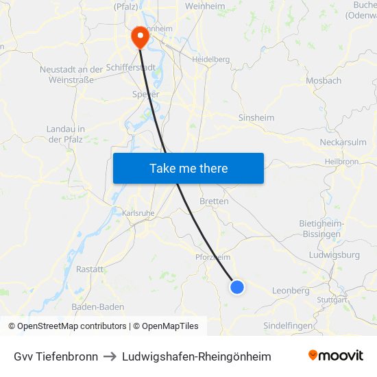 Gvv Tiefenbronn to Ludwigshafen-Rheingönheim map