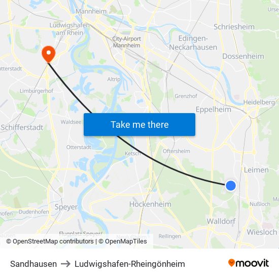 Sandhausen to Ludwigshafen-Rheingönheim map