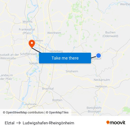 Elztal to Ludwigshafen-Rheingönheim map