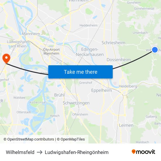Wilhelmsfeld to Ludwigshafen-Rheingönheim map