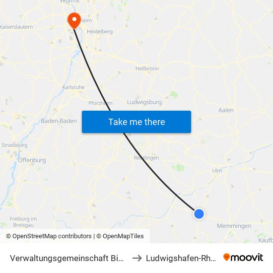 Verwaltungsgemeinschaft Biberach An Der Riß to Ludwigshafen-Rheingönheim map