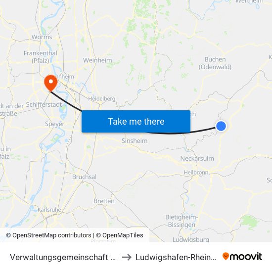 Verwaltungsgemeinschaft Möckmühl to Ludwigshafen-Rheingönheim map