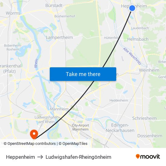 Heppenheim to Ludwigshafen-Rheingönheim map