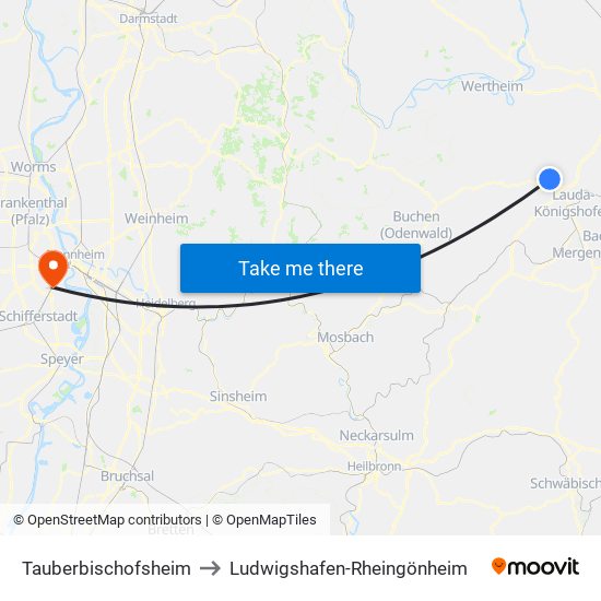 Tauberbischofsheim to Ludwigshafen-Rheingönheim map