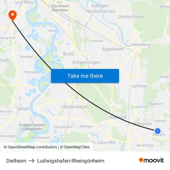 Dielheim to Ludwigshafen-Rheingönheim map