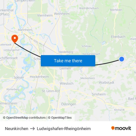 Neunkirchen to Ludwigshafen-Rheingönheim map