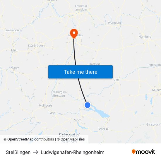 Steißlingen to Ludwigshafen-Rheingönheim map