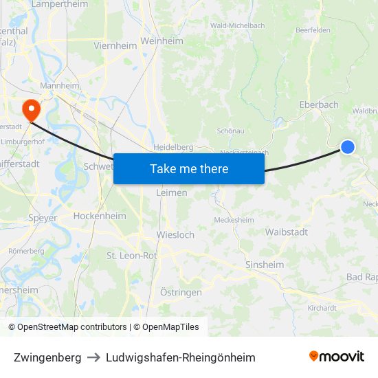 Zwingenberg to Ludwigshafen-Rheingönheim map