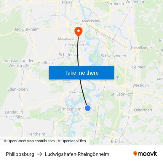 Philippsburg to Ludwigshafen-Rheingönheim map