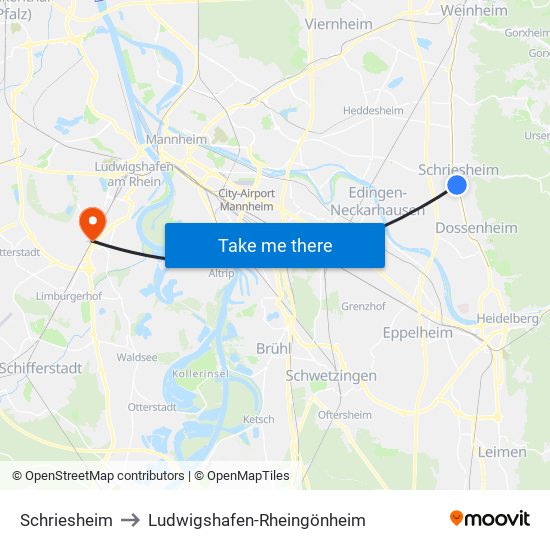 Schriesheim to Ludwigshafen-Rheingönheim map