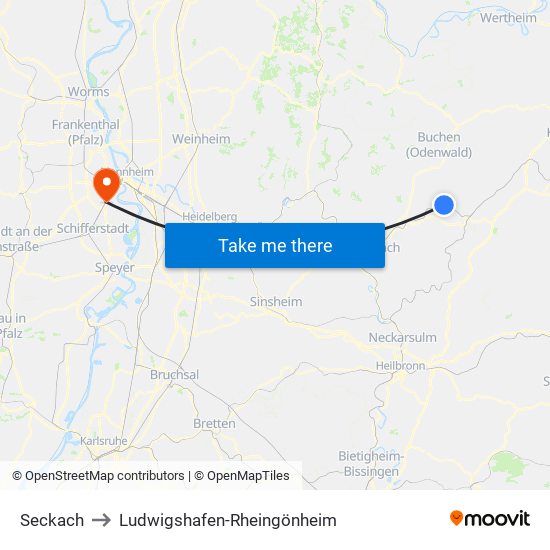 Seckach to Ludwigshafen-Rheingönheim map