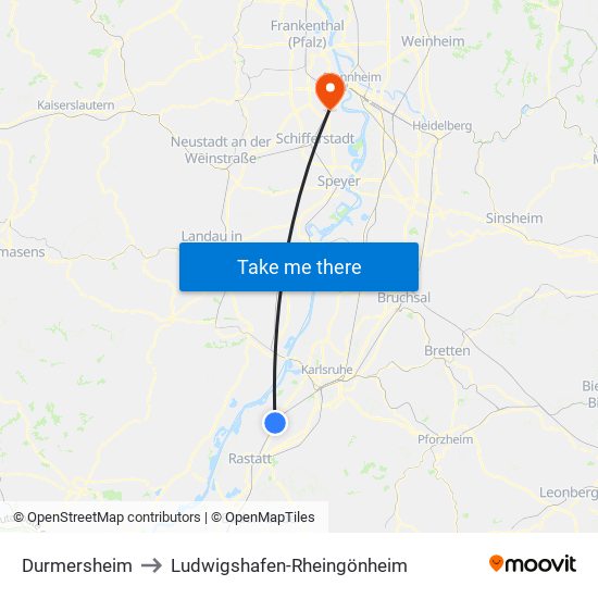 Durmersheim to Ludwigshafen-Rheingönheim map