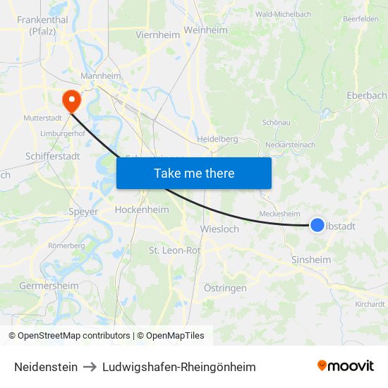 Neidenstein to Ludwigshafen-Rheingönheim map