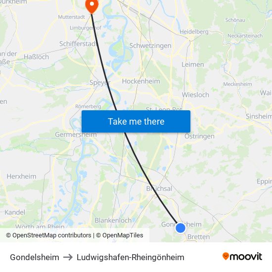 Gondelsheim to Ludwigshafen-Rheingönheim map