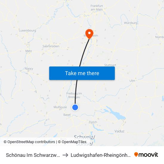 Schönau Im Schwarzwald to Ludwigshafen-Rheingönheim map