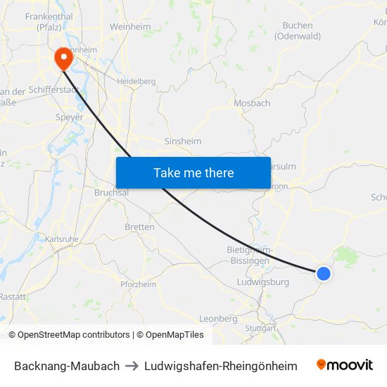 Backnang-Maubach to Ludwigshafen-Rheingönheim map