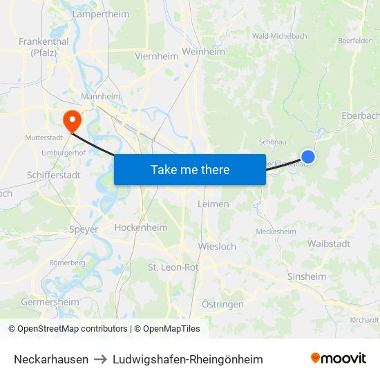 Neckarhausen to Ludwigshafen-Rheingönheim map