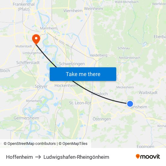 Hoffenheim to Ludwigshafen-Rheingönheim map