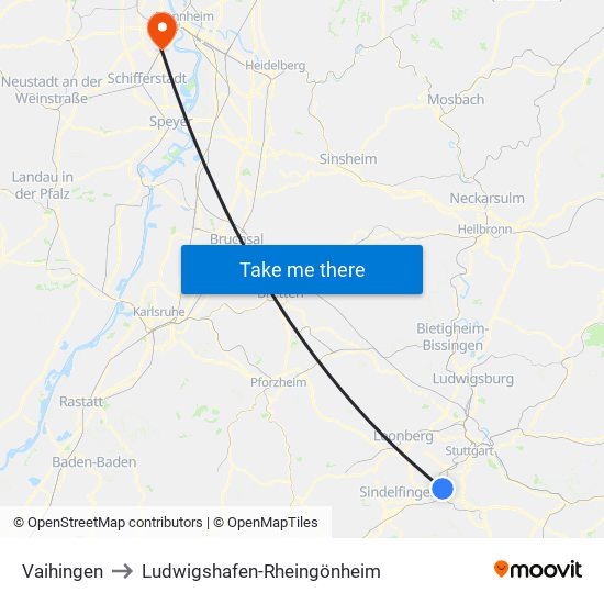 Vaihingen to Ludwigshafen-Rheingönheim map