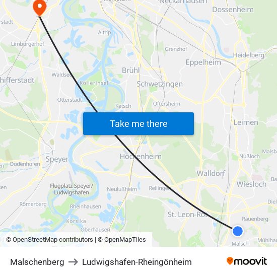 Malschenberg to Ludwigshafen-Rheingönheim map