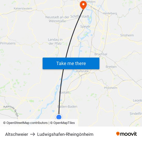 Altschweier to Ludwigshafen-Rheingönheim map