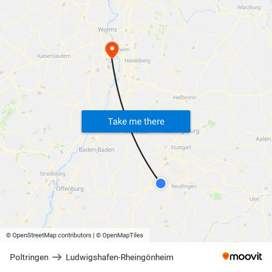 Poltringen to Ludwigshafen-Rheingönheim map