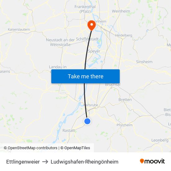 Ettlingenweier to Ludwigshafen-Rheingönheim map