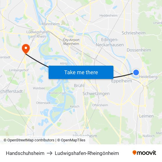 Handschuhsheim to Ludwigshafen-Rheingönheim map