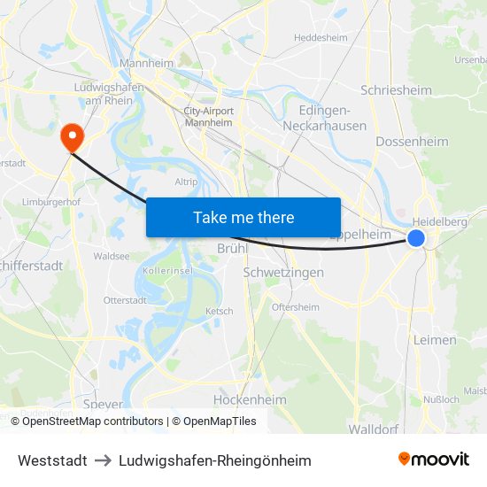 Weststadt to Ludwigshafen-Rheingönheim map