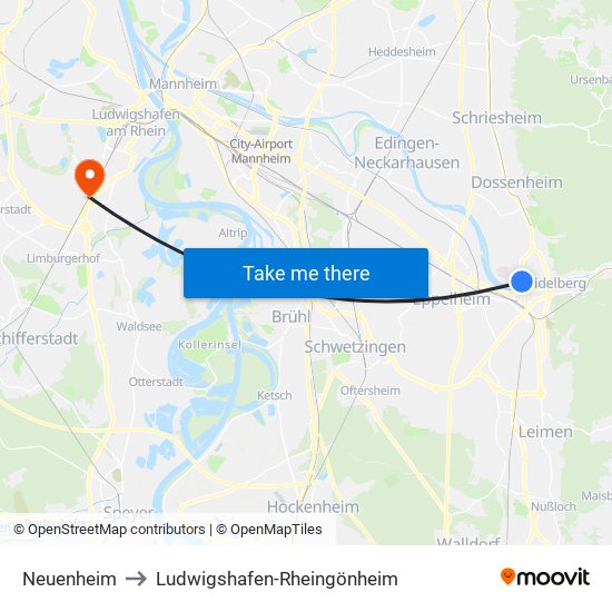 Neuenheim to Ludwigshafen-Rheingönheim map