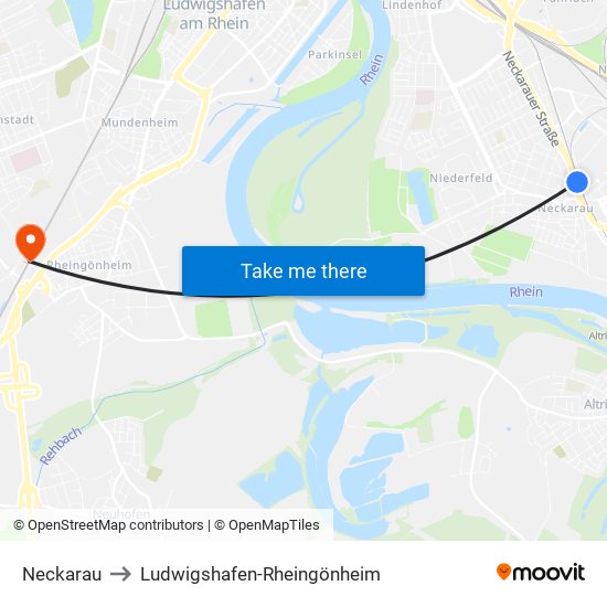 Neckarau to Ludwigshafen-Rheingönheim map