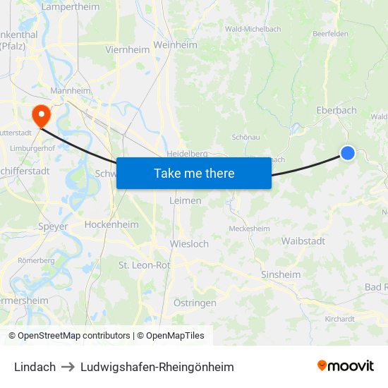 Lindach to Ludwigshafen-Rheingönheim map