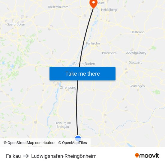 Falkau to Ludwigshafen-Rheingönheim map